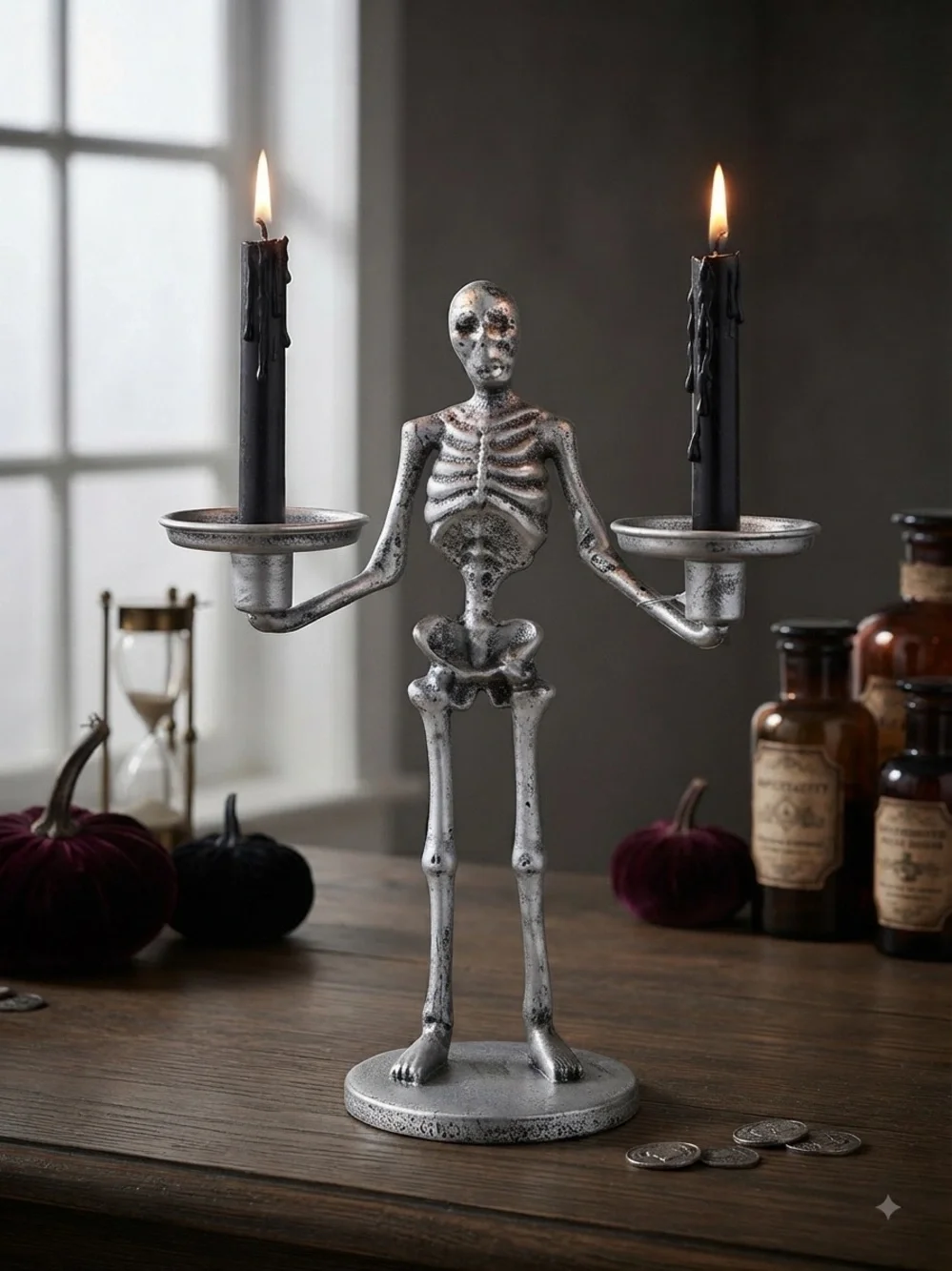 Metal Silver Tone Skeleton Dual Candle Holder candelabra